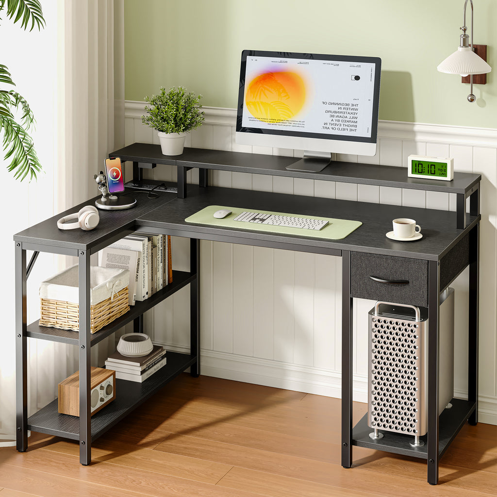 Amadwell 47 Inch L Shaped Desk with LED Strip, Corner Gaming Desk with Power Outlet, Drawer & Shelves, Black