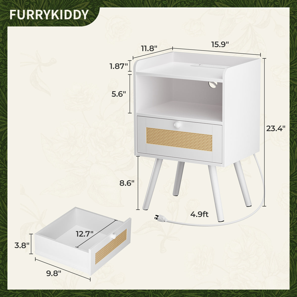Amadwell Rattan Nightstands Set of 2, Bedside Tables with Charging Station, Storage Drawers & Solid Wood Feet for Bedroom, White