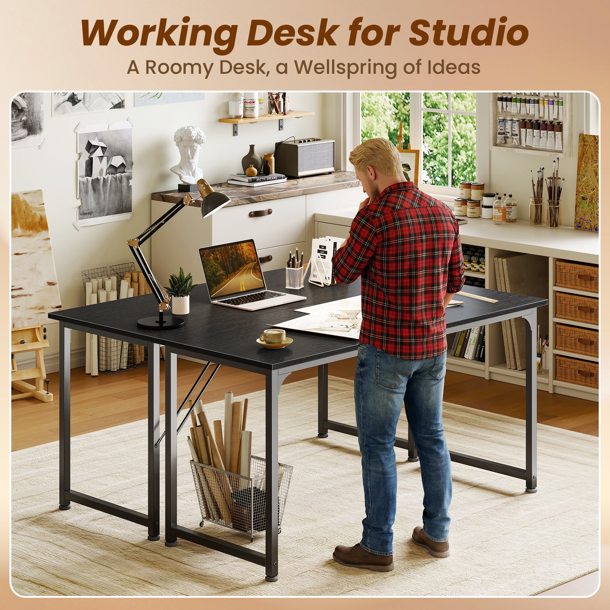 54" Computer Desk, Modern Office, Study & Gaming Desk with Storage, Large Legroom, Sturdy Metal Frame, Black