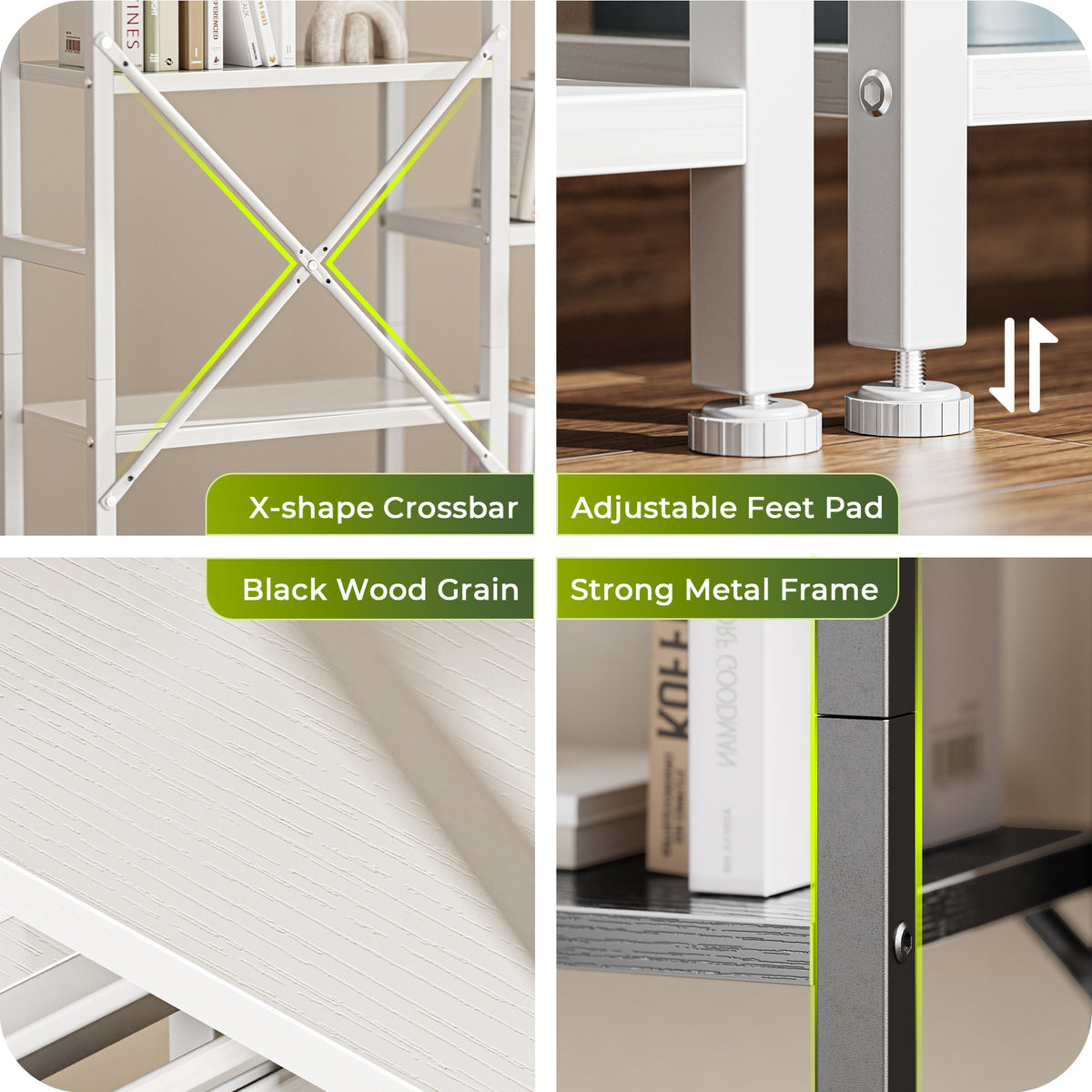 Amadwell 4 Tier Industrial Bookcase, Large Shelf Bookshelf, 11 Units Storage for Living Room, White