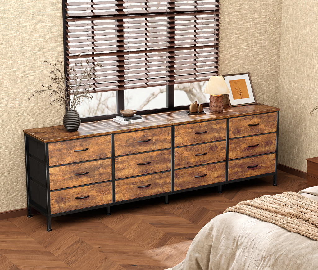 70 Inch Large Dresser for Bedroom, 12 Drawer TV Stand for 65, 75 Inch TV, Long Dresser for Living Room, Brown