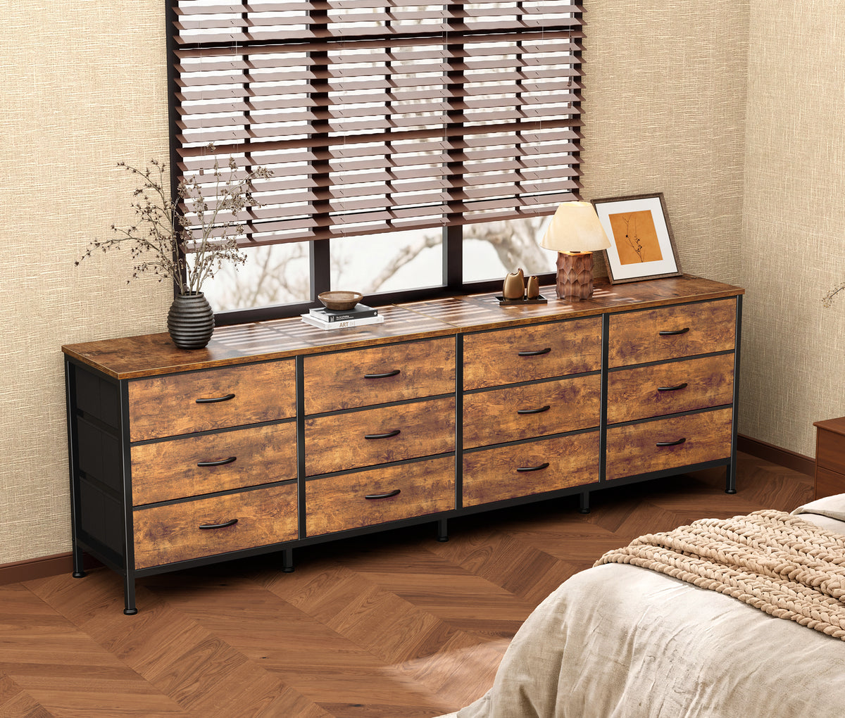 70 Inch Large Dresser for Bedroom, 12 Drawer TV Stand for 65, 75 Inch TV, Long Dresser for Living Room, Brown