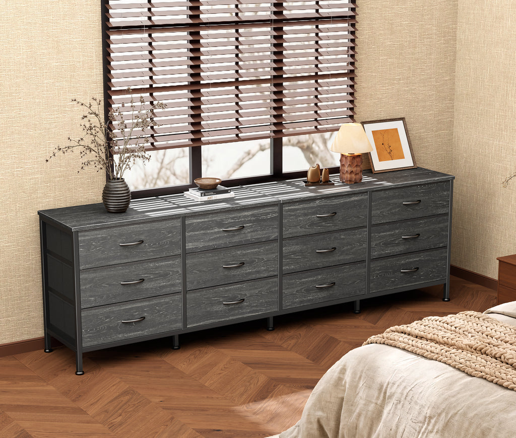 70 Inch Large Dresser for Bedroom, 12 Drawer TV Stand for 65, 75 Inch TV, Long Dresser for Living Room, Charcoal Black Wood Grain Print