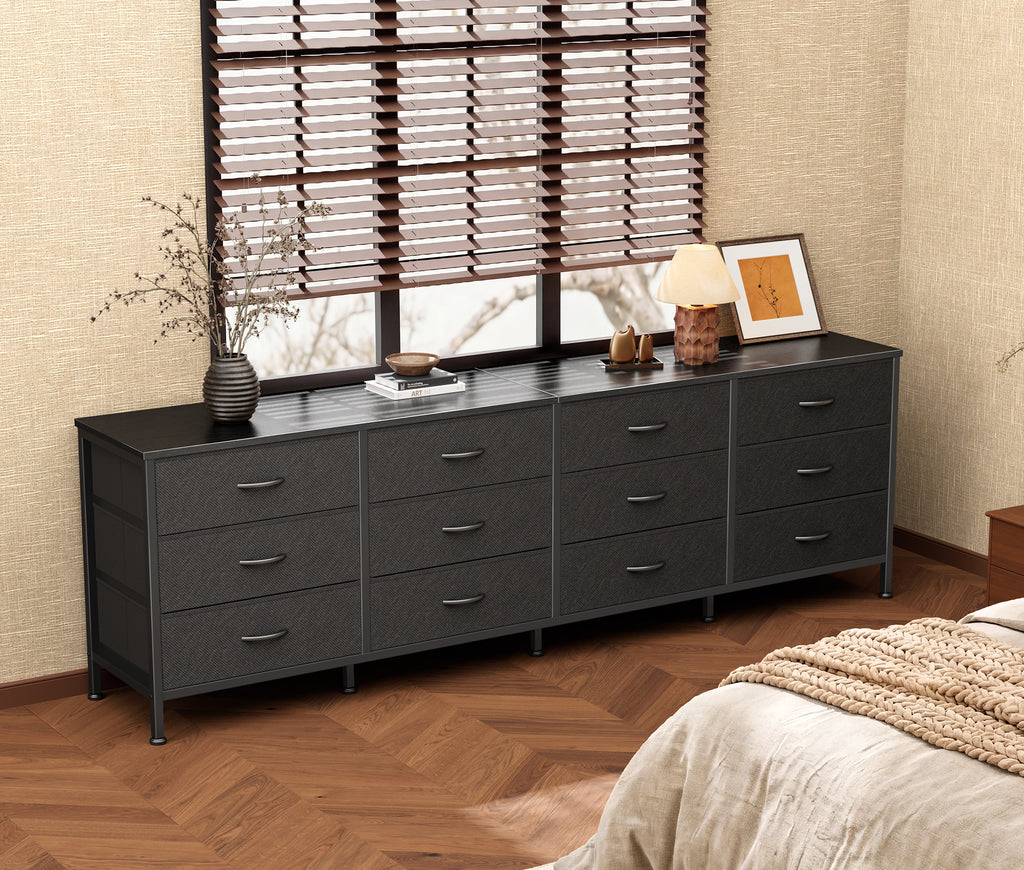 70 Inch Large Dresser for Bedroom, 12 Drawer TV Stand for 65, 75 Inch TV, Long Dresser for Living Room, Black