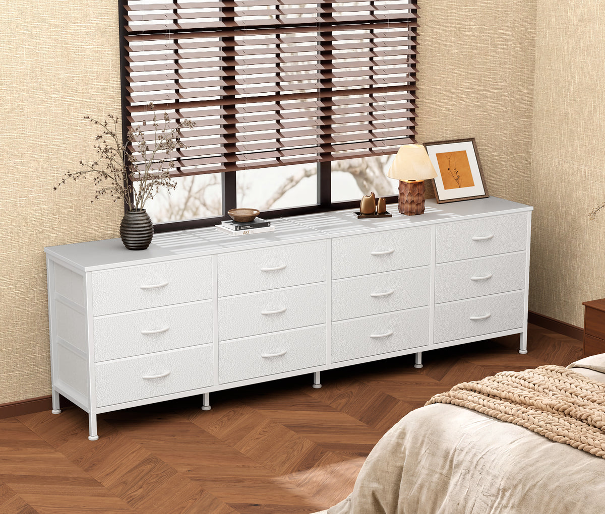 70 Inch Large Dresser for Bedroom, 12 Drawer TV Stand for 65, 75 Inch TV, Long Dresser for Living Room, White