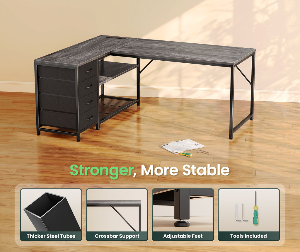 Amadwell 53 Inch L Shaped Desk with Power Outlets & Drawers, Reversible L-Shape Computer Desk, Gray