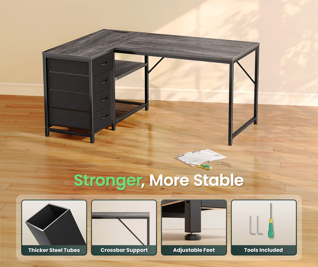 Amadwell 43 Inch L Shaped Desk with Power Outlets & Drawers, Reversible L-Shape Computer Desk, Gray