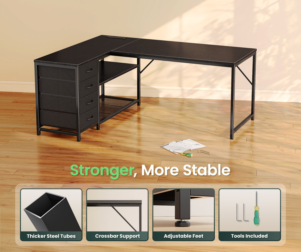 Amadwell 53 Inch L Shaped Desk with Power Outlets & Drawers, Reversible L-Shape Computer Desk, Black