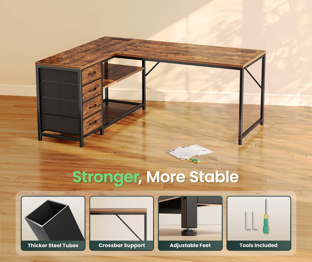 Amadwell 53 Inch L Shaped Desk with Power Outlets & Drawers, Reversible L-Shape Computer Desk, Brown