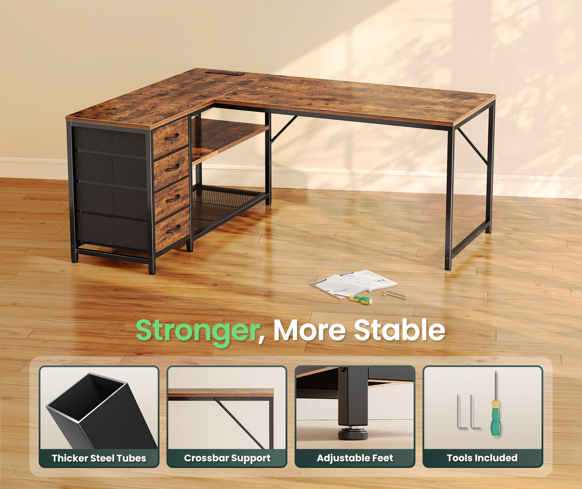 Amadwell 53 Inch L Shaped Desk with Power Outlets & Drawers, Reversible L-Shape Computer Desk, Brown