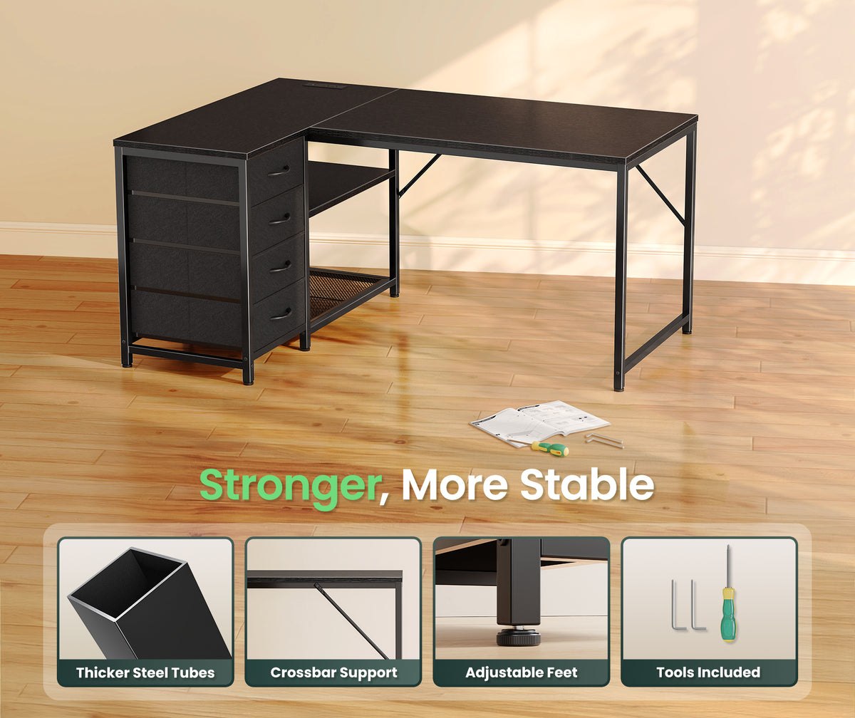 Amadwell 43 Inch L Shaped Desk with Power Outlets & Drawers, Reversible L-Shape Computer Desk, Black