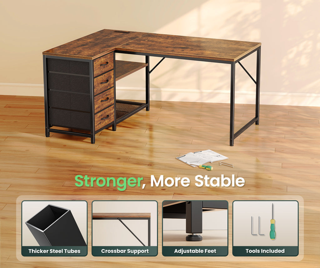 Amadwell 43 Inch L Shaped Desk with Power Outlets & Drawers, Reversible L-Shape Computer Desk, Brown