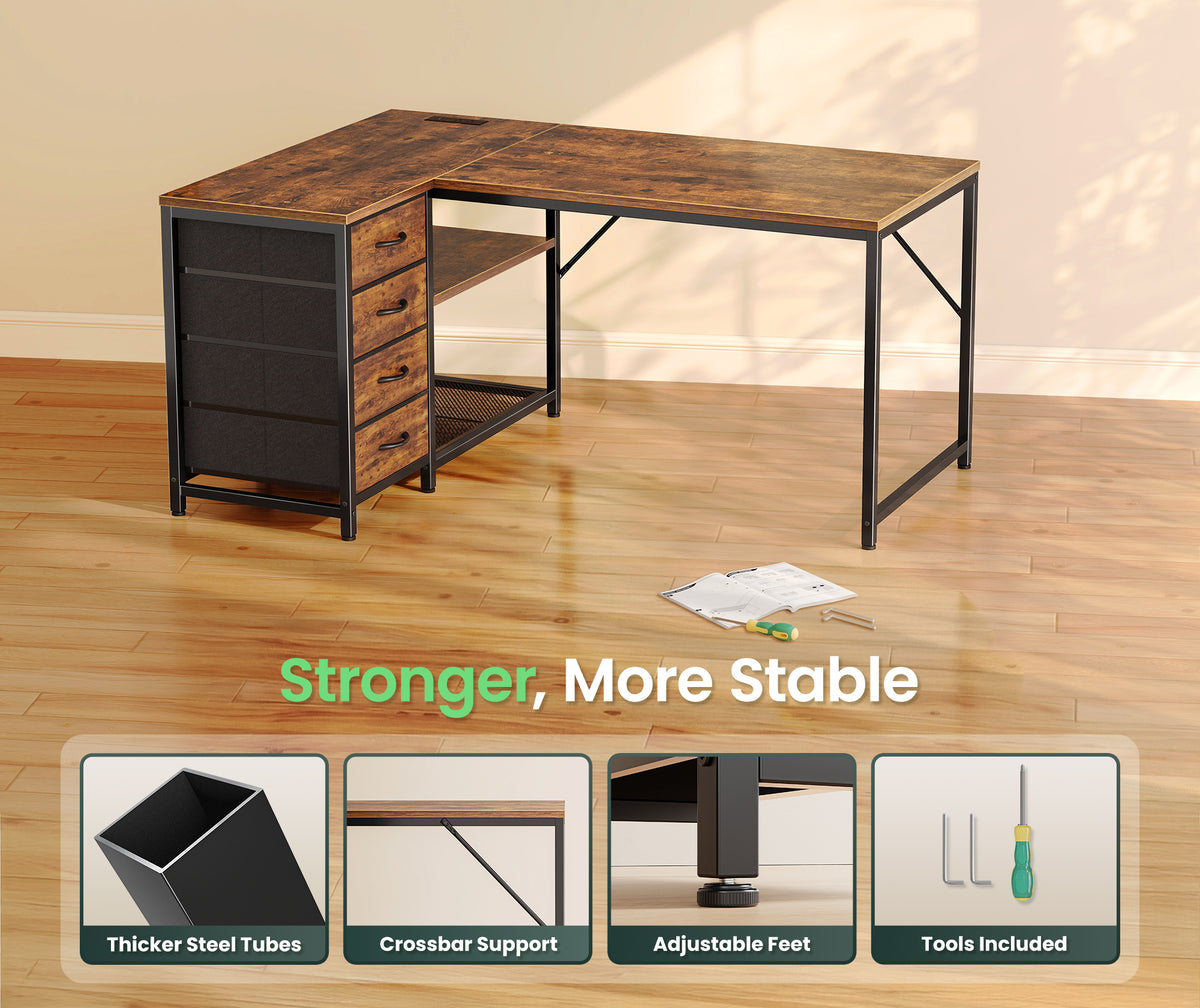 Amadwell 43 Inch L Shaped Desk with Power Outlets & Drawers, Reversible L-Shape Computer Desk, Brown