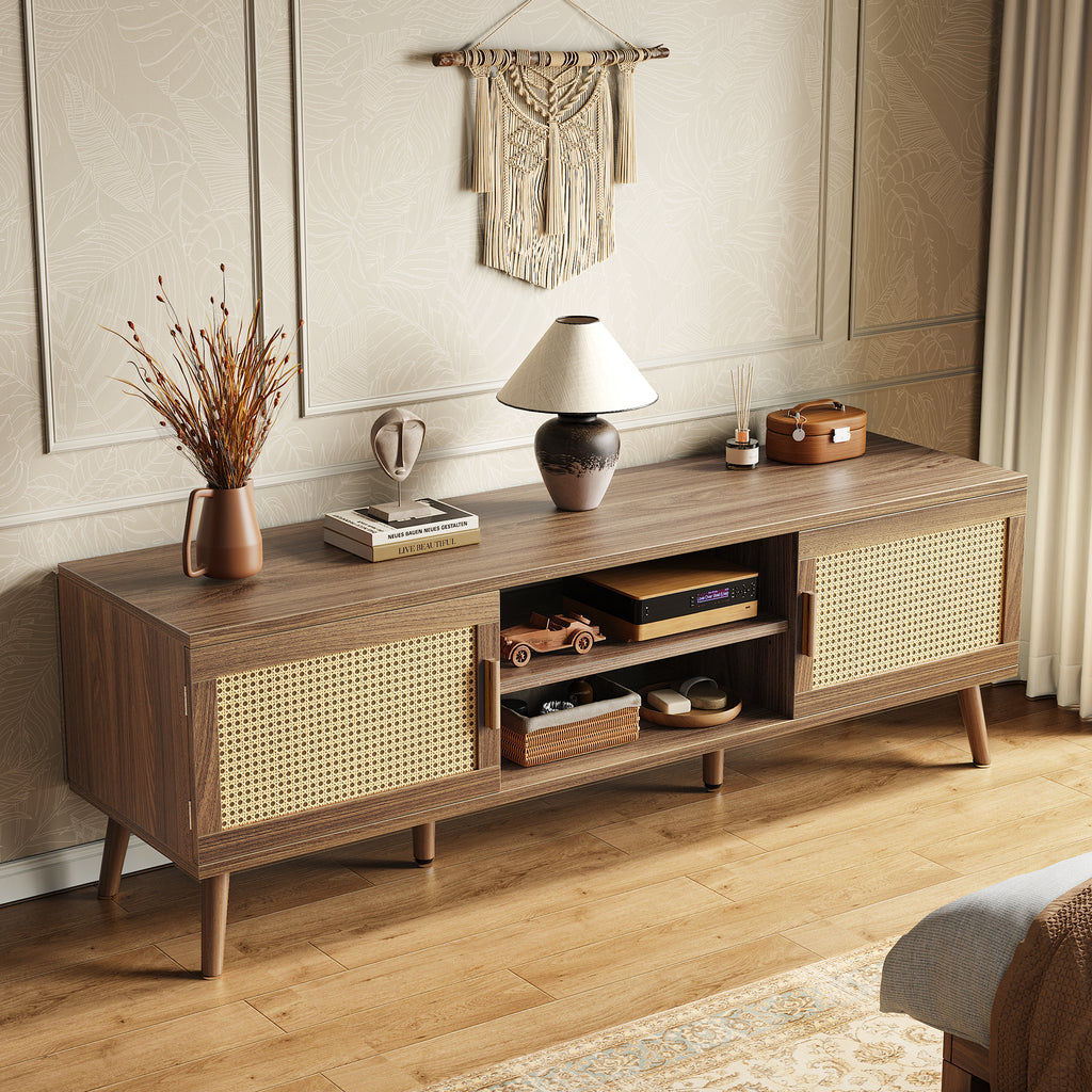 Amadwell Rattan TV Stand for 60" TVs, Adjustable Shelf, Natural Living Room Entertainment Center, Brown