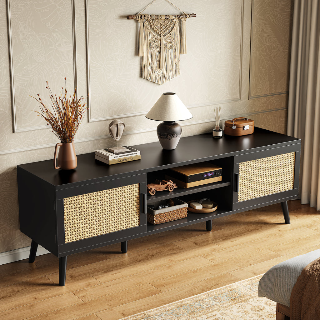 Amadwell Rattan TV Stand for 60" TVs, Adjustable Shelf, Natural Living Room Entertainment Center, Black