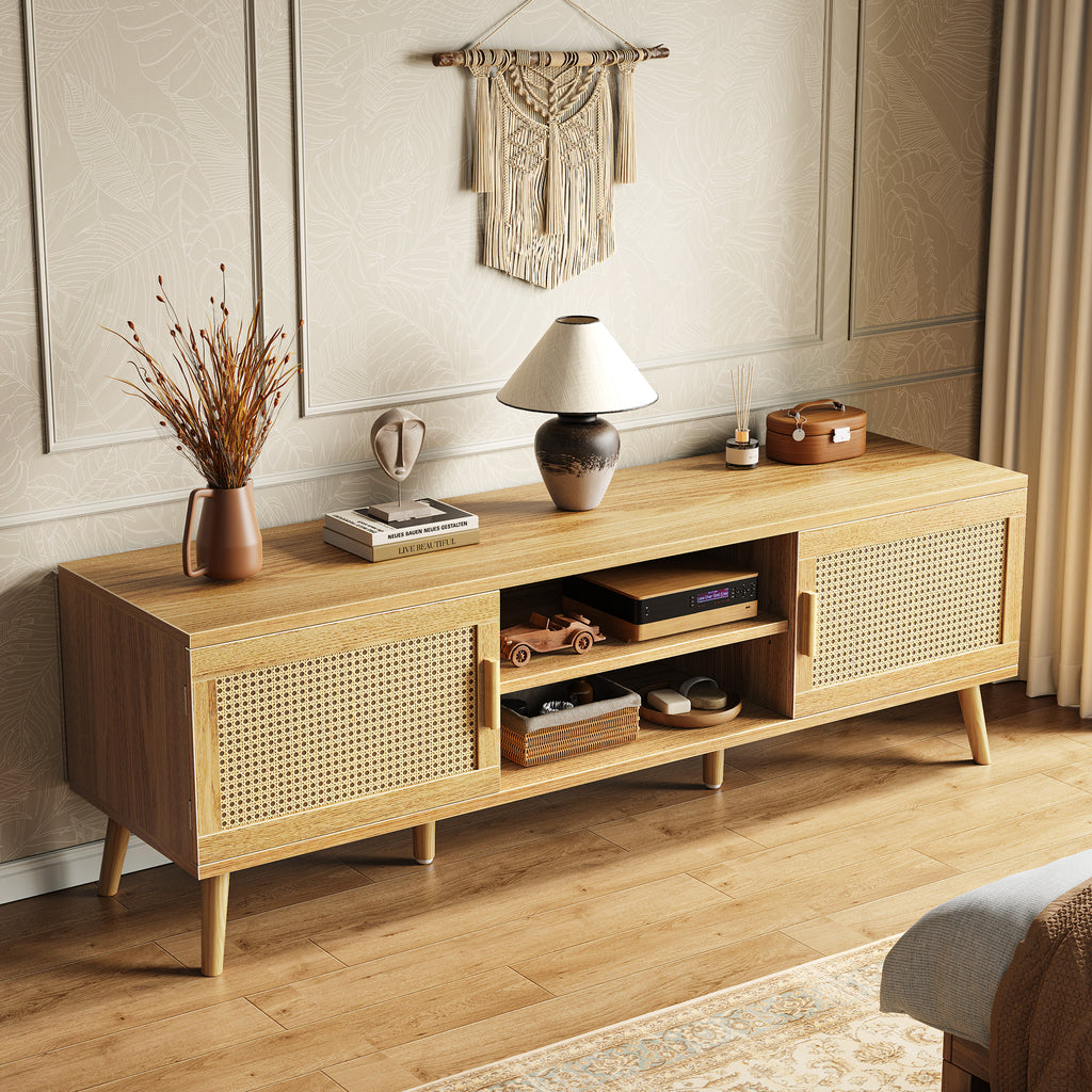 Amadwell Rattan TV Stand for 60" TVs, Adjustable Shelf, Natural Living Room Entertainment Center