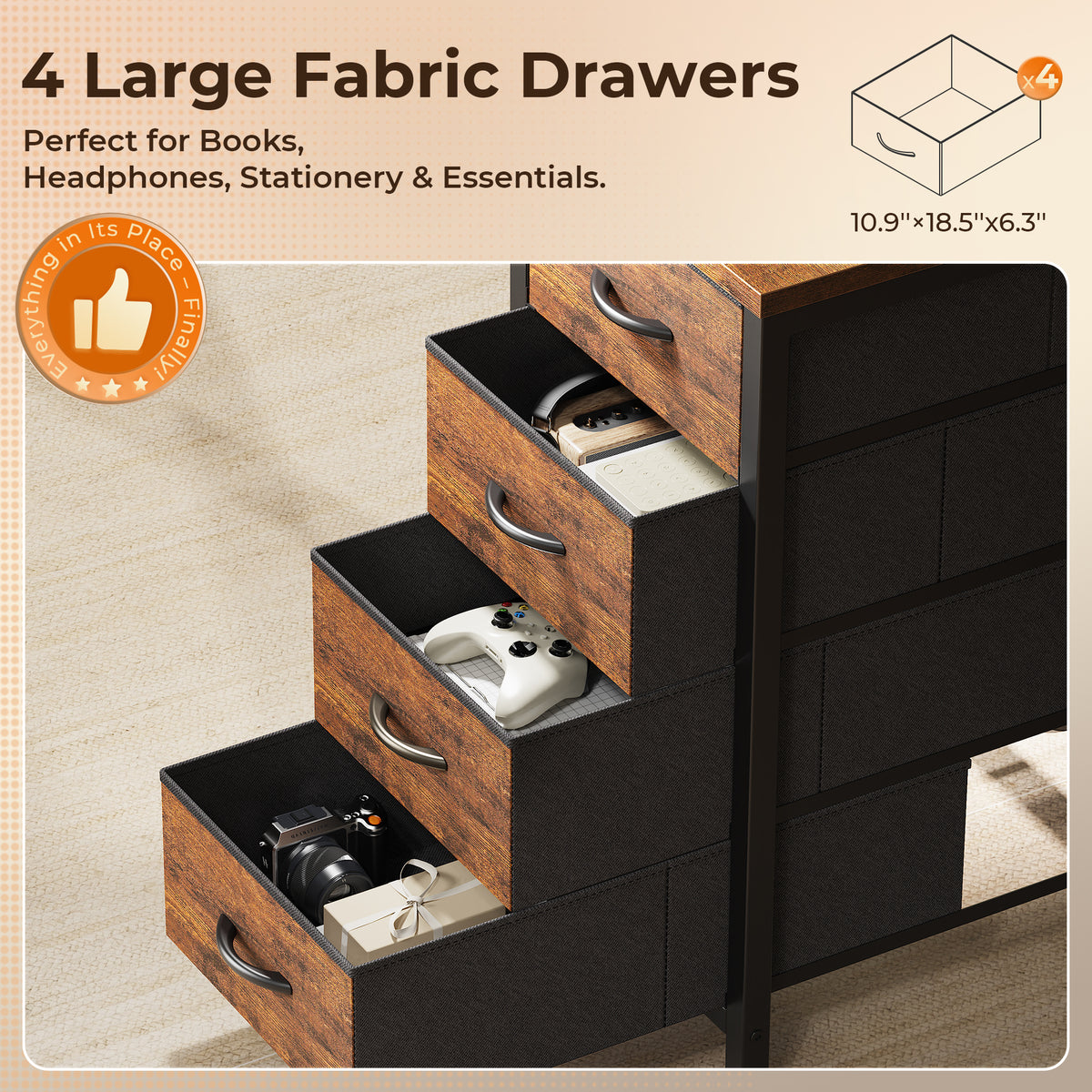 63 Inch L-Shaped Desk with Fabric Drawers, Reversible Home Office & Gaming Desk with Power Outlets, USB-C, and Adjustable Storage Shelves, Brown