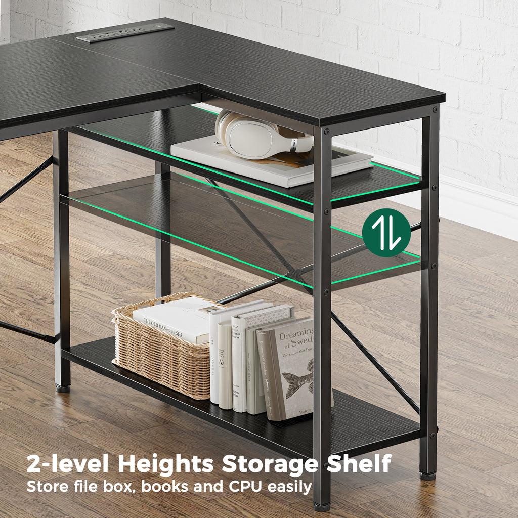 54 Inch L Shaped Office Desk with Power Outlets, Computer Desk with Drawers, Corner Desk for Home Office, Black