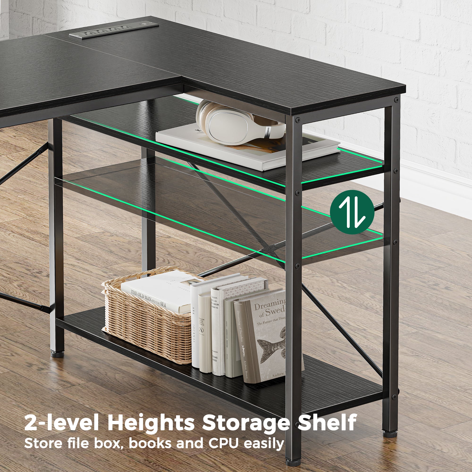 54 Inch L Shaped Office Desk with Power Outlets, Computer Desk with Drawers, Corner Desk for Home Office, Black