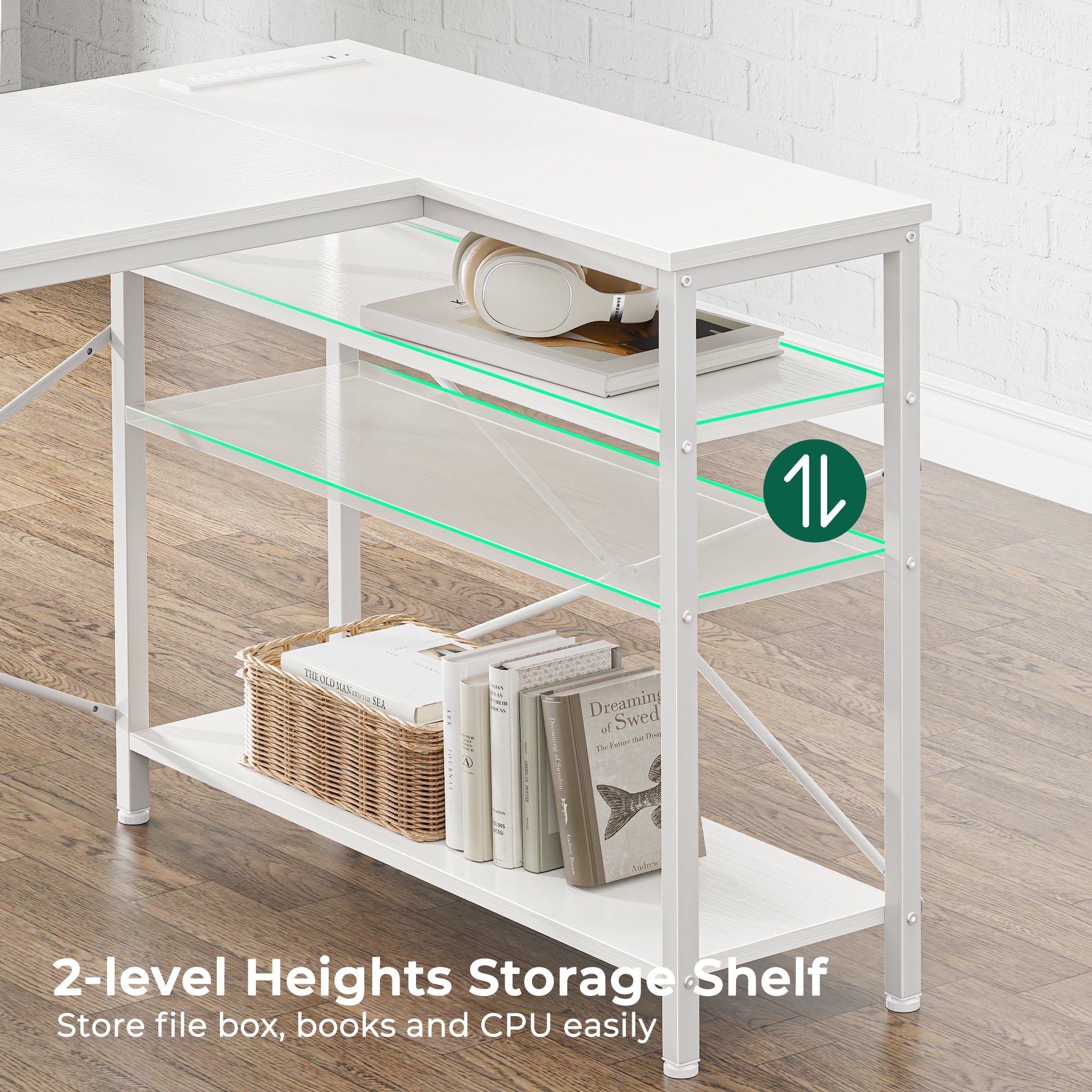 47 Inch L Shaped Office Desk with Power Outlets, Computer Desk with Drawers, Corner Desk for Home Office, White