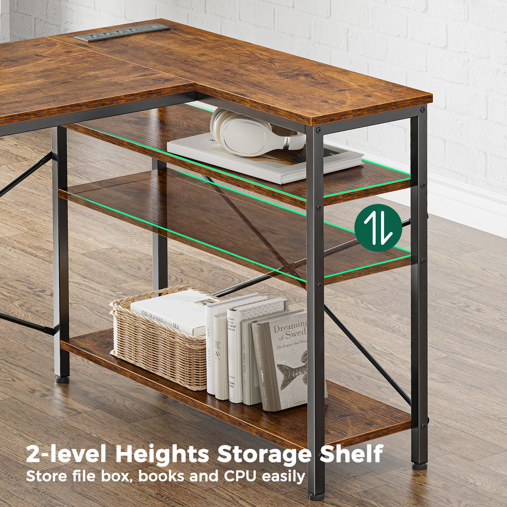 47 Inch L Shaped Office Desk with Power Outlets, Computer Desk with Drawers, Corner Desk for Home Office, Brown