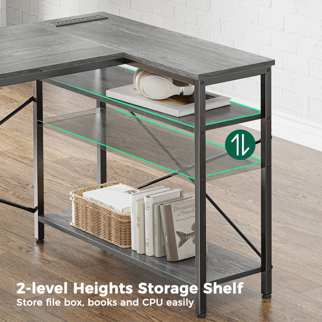 47 Inch L Shaped Office Desk with Power Outlets, Computer Desk with Drawers, Corner Desk for Home Office, Grey