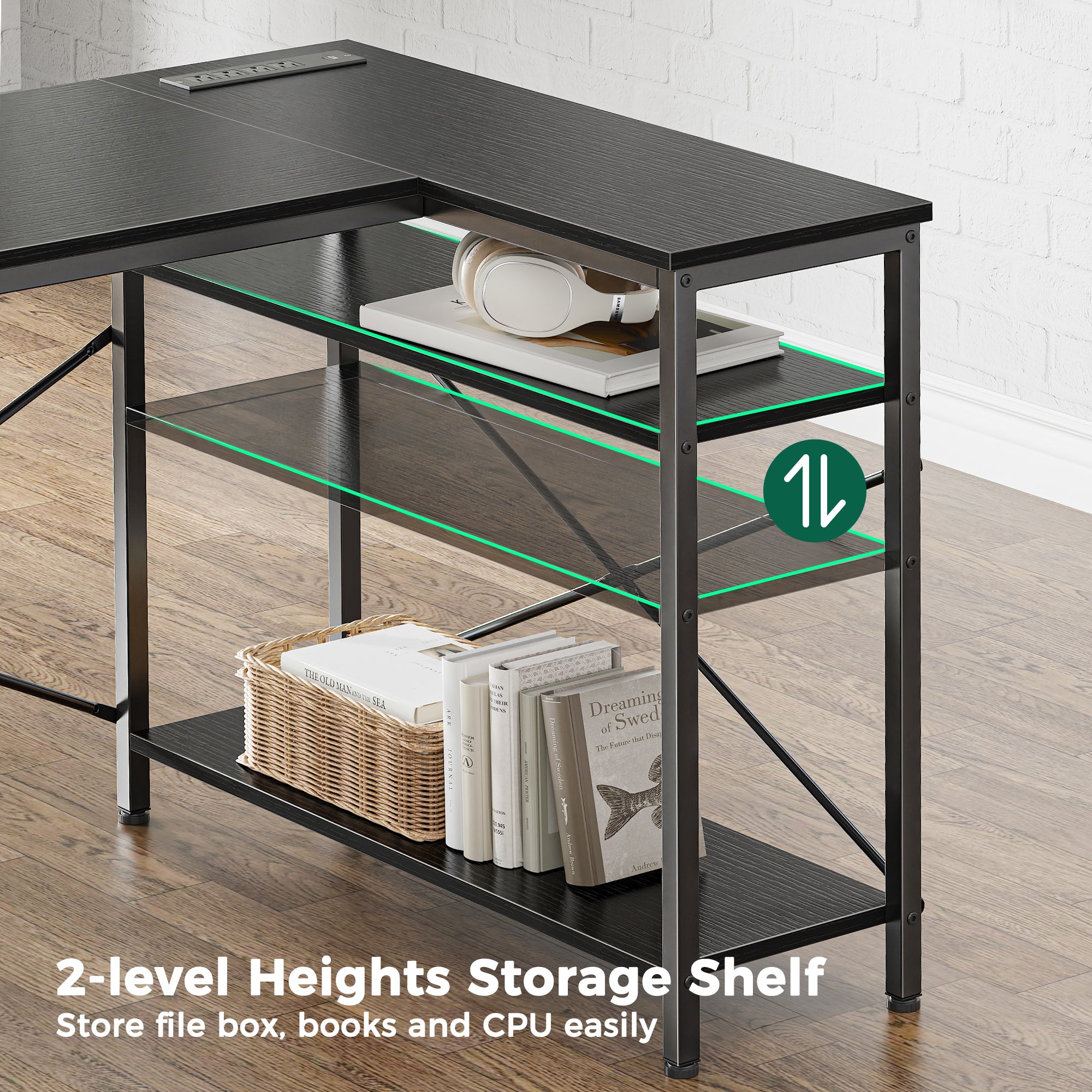 47 Inch L Shaped Office Desk with Power Outlets, Computer Desk with Drawers, Corner Desk for Home Office, Black