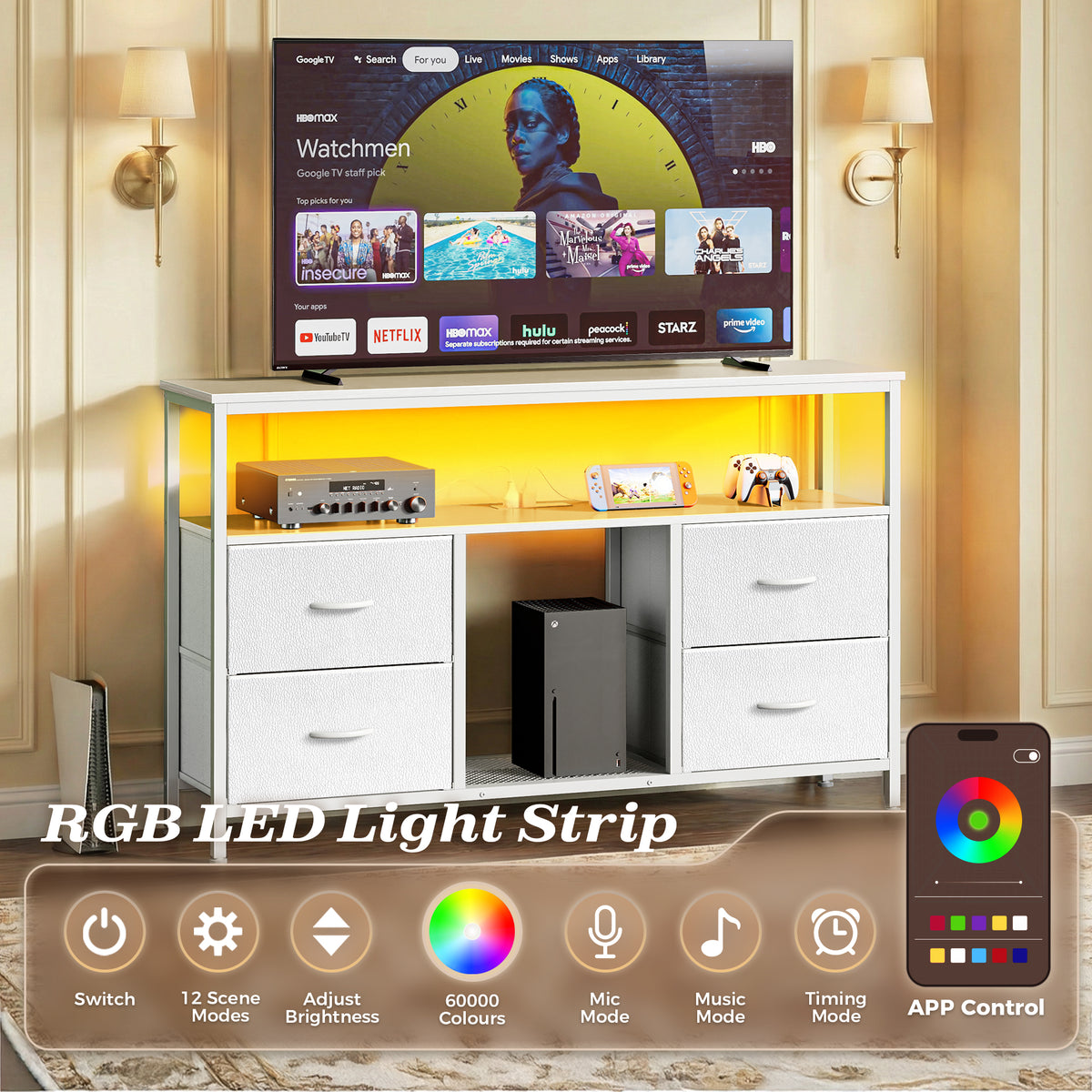 Amadwell TV Stand with Power Outlets & LED Lights, 4 Drawer Dresser Entertainment Center, Media Console with Open Shelf, White