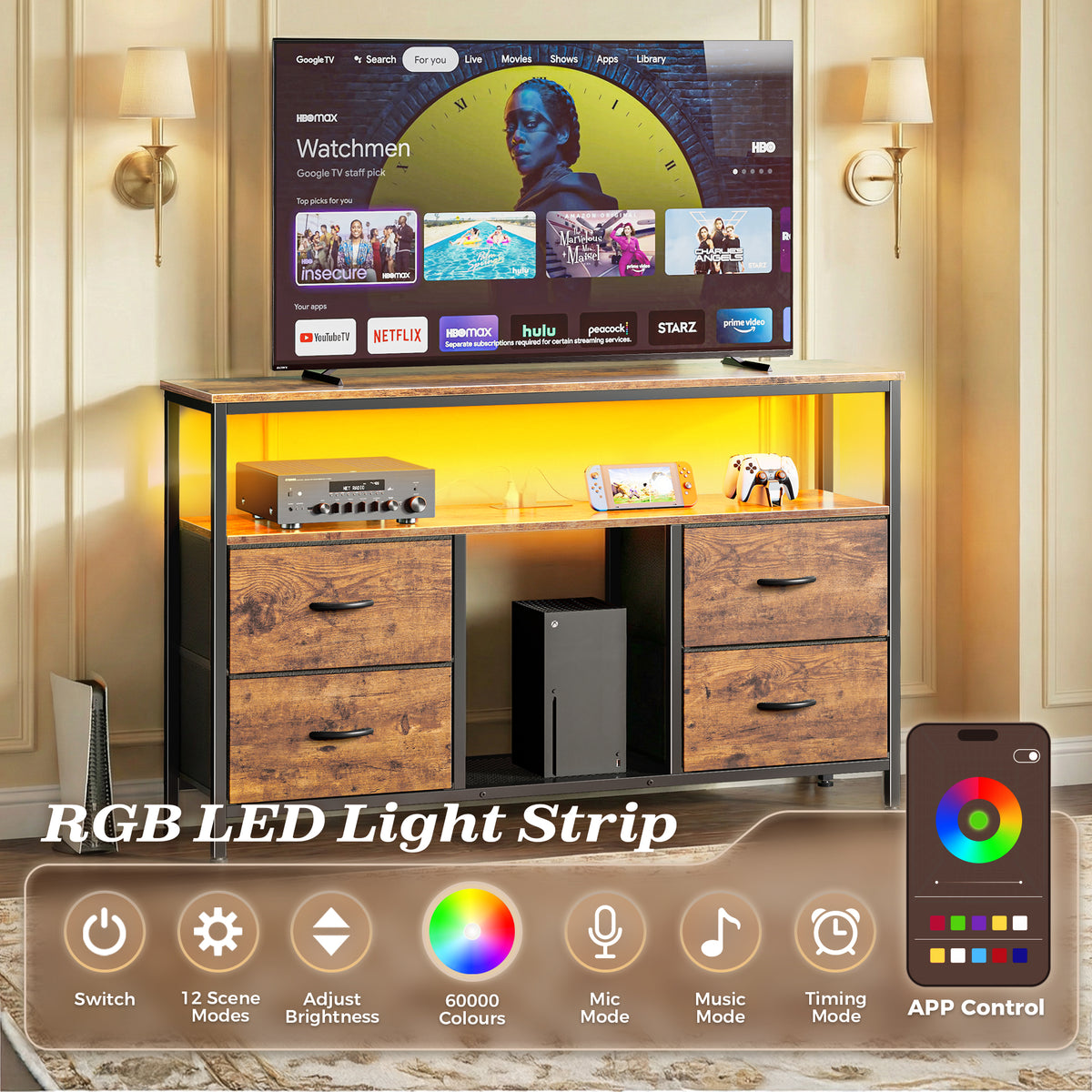 Amadwell TV Stand with Power Outlets & LED Lights, 4 Drawer Dresser Entertainment Center, Media Console with Open Shelf, Brown
