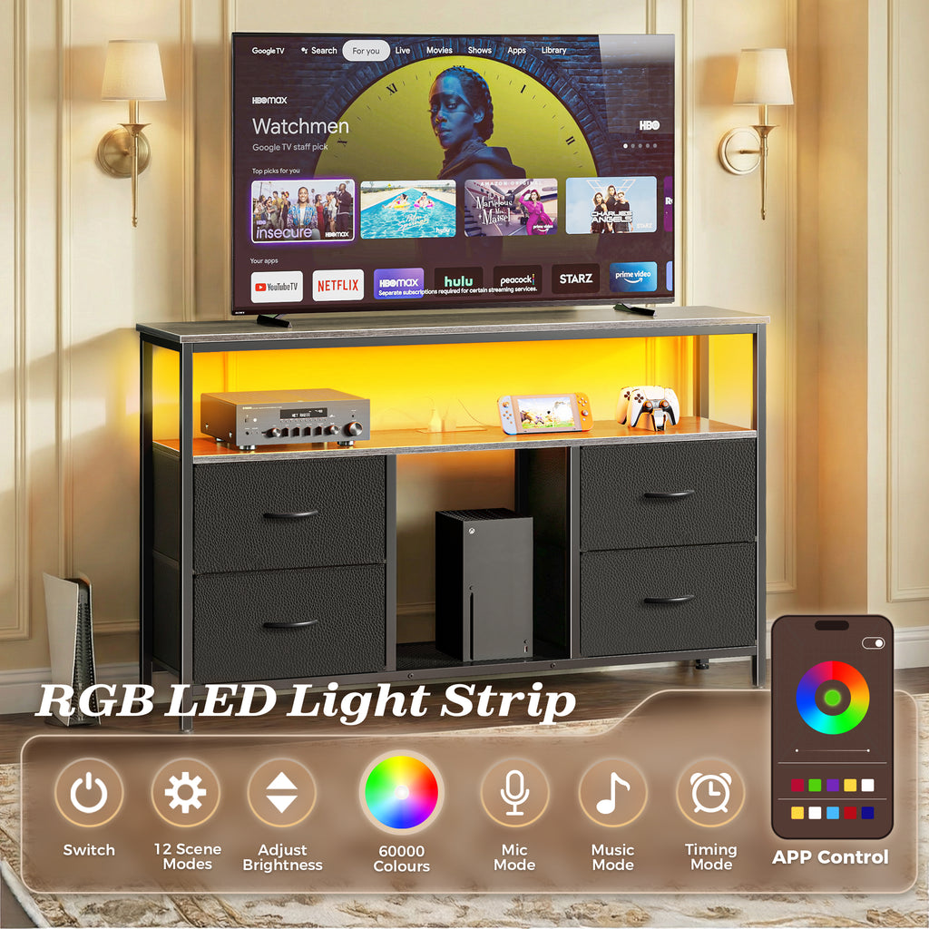 Amadwell TV Stand with Power Outlets & LED Lights, 4 Drawer Dresser Entertainment Center, Media Console with Open Shelf, Gray
