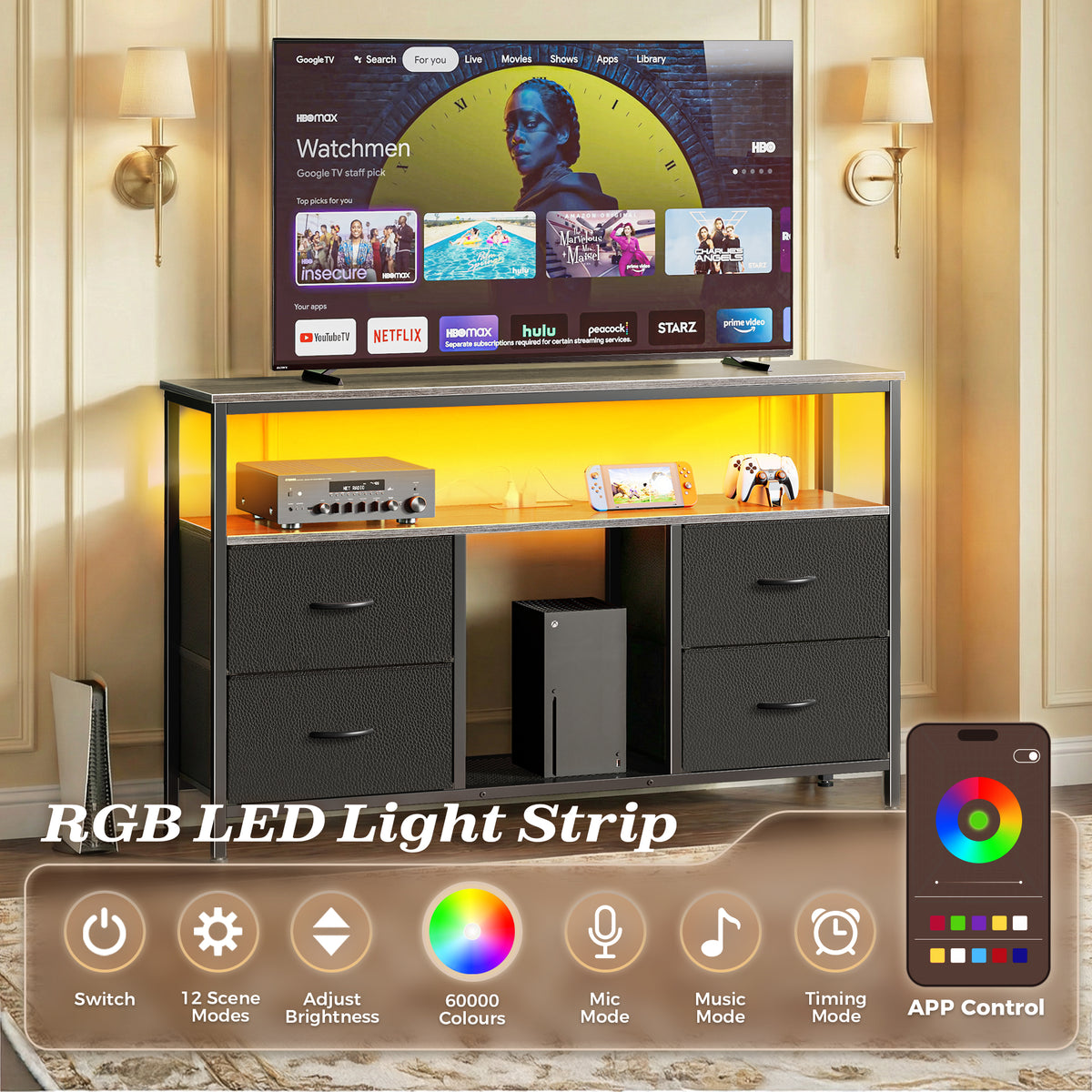 Amadwell TV Stand with Power Outlets & LED Lights, 4 Drawer Dresser Entertainment Center, Media Console with Open Shelf, Gray