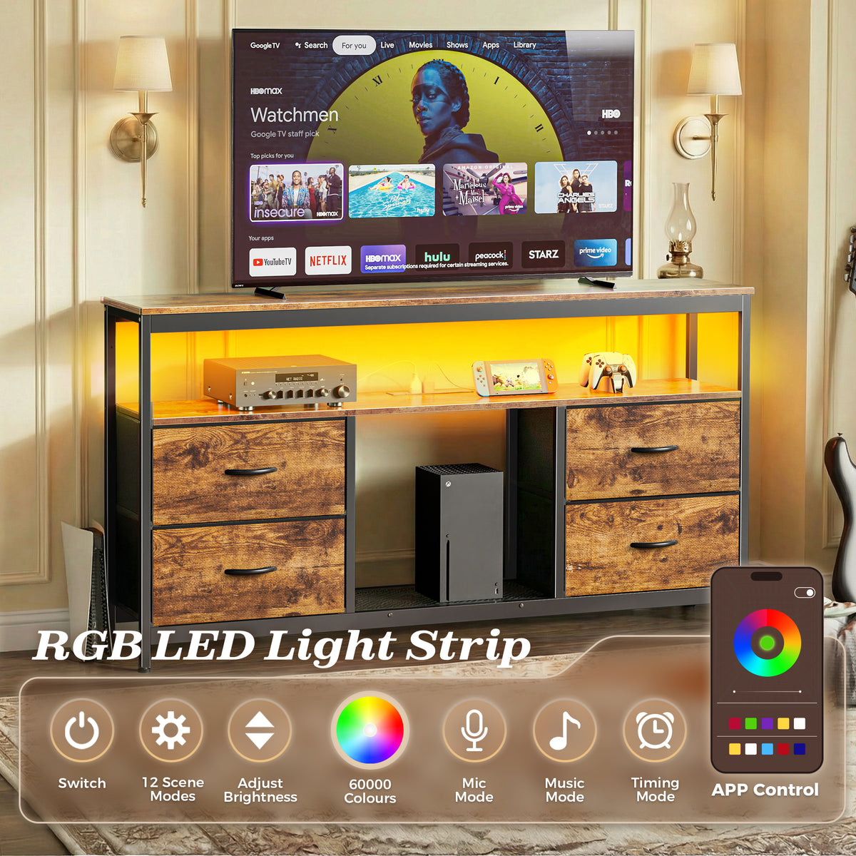 Amadwell TV Stand with Power Outlets & LED Lights, 4 Drawer Dresser Entertainment Center, Media Console with Open Shelf, Brown