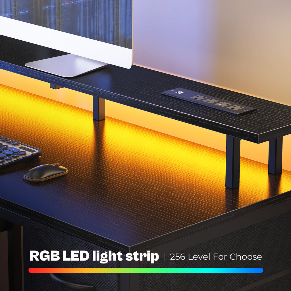 Amadwell 55" Gaming Computer Desk with LED Lights, Power Outlets, Home Office Writing Desk with 4 Drawers, Black