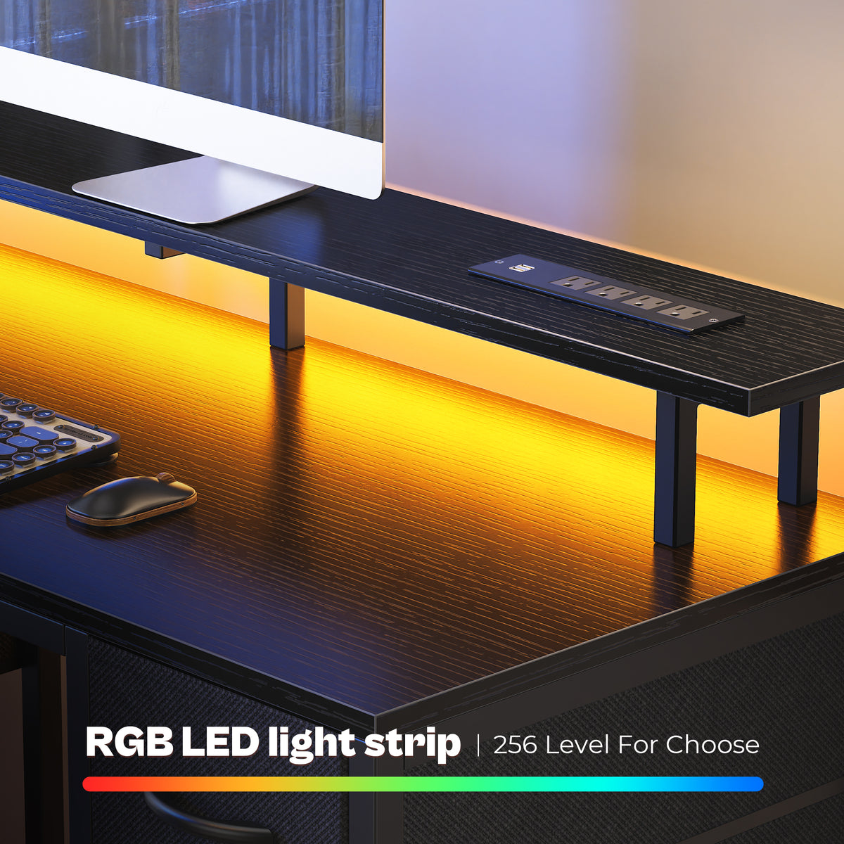 Amadwell 55" Gaming Computer Desk with LED Lights, Power Outlets, Home Office Writing Desk with 4 Drawers, Black
