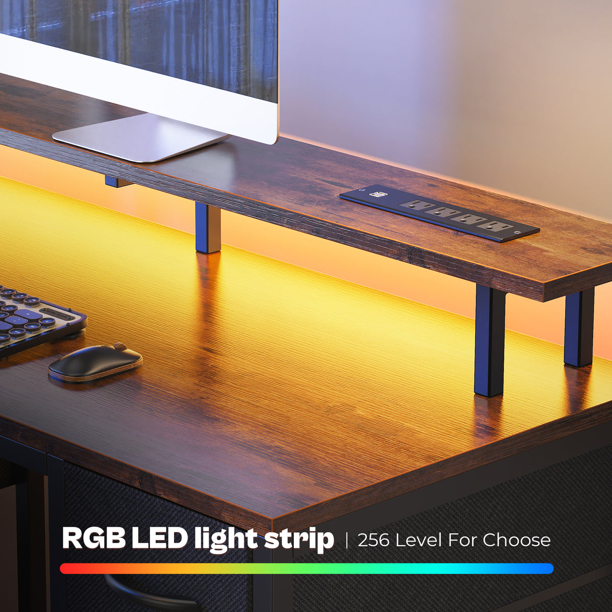 Amadwell 55" Gaming Computer Desk with LED Lights, Power Outlets, Home Office Writing Desk with 4 Drawers, Rustic Brown