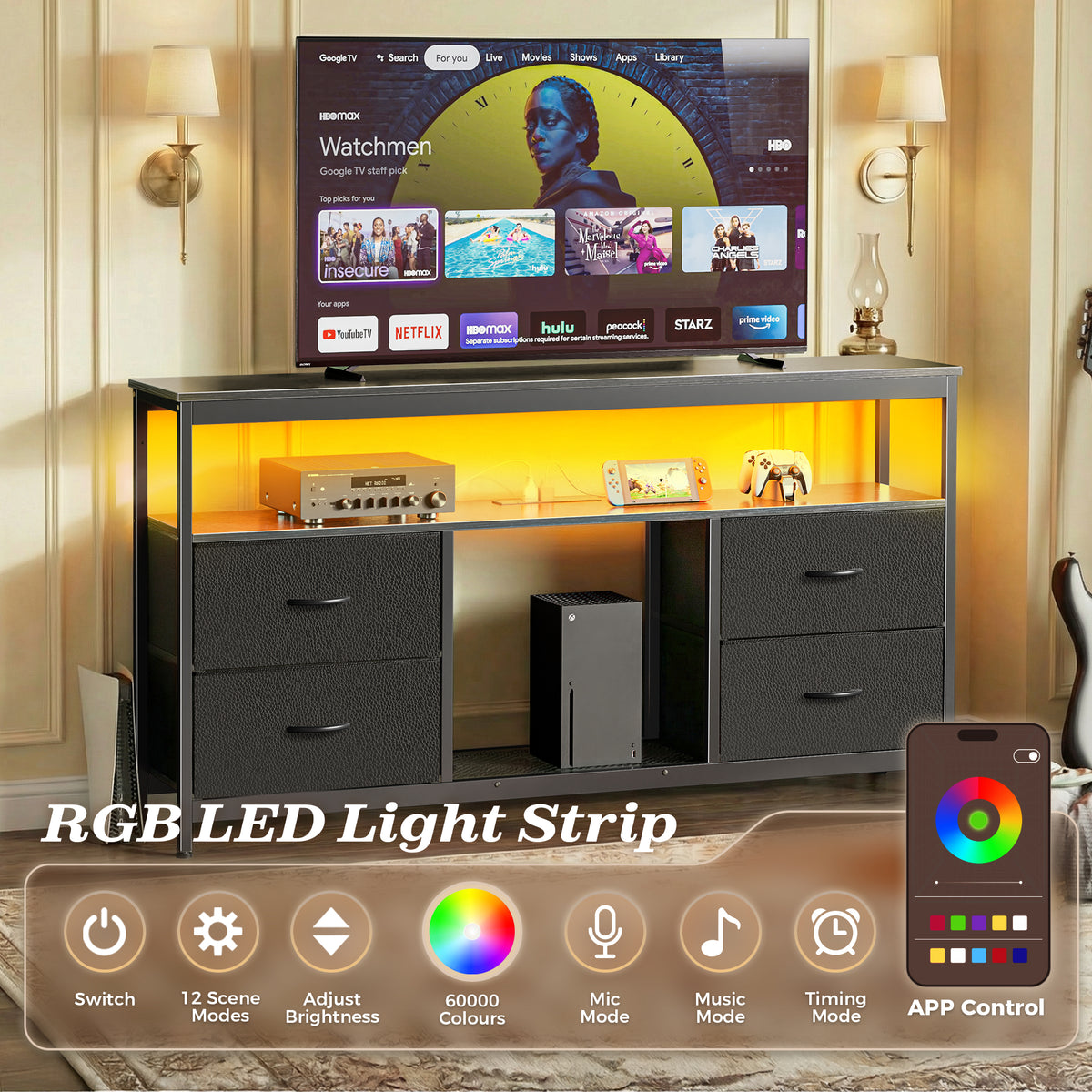 Amadwell TV Stand with Power Outlets & LED Lights, 4 Drawer Dresser Entertainment Center, Media Console with Open Shelf, Black