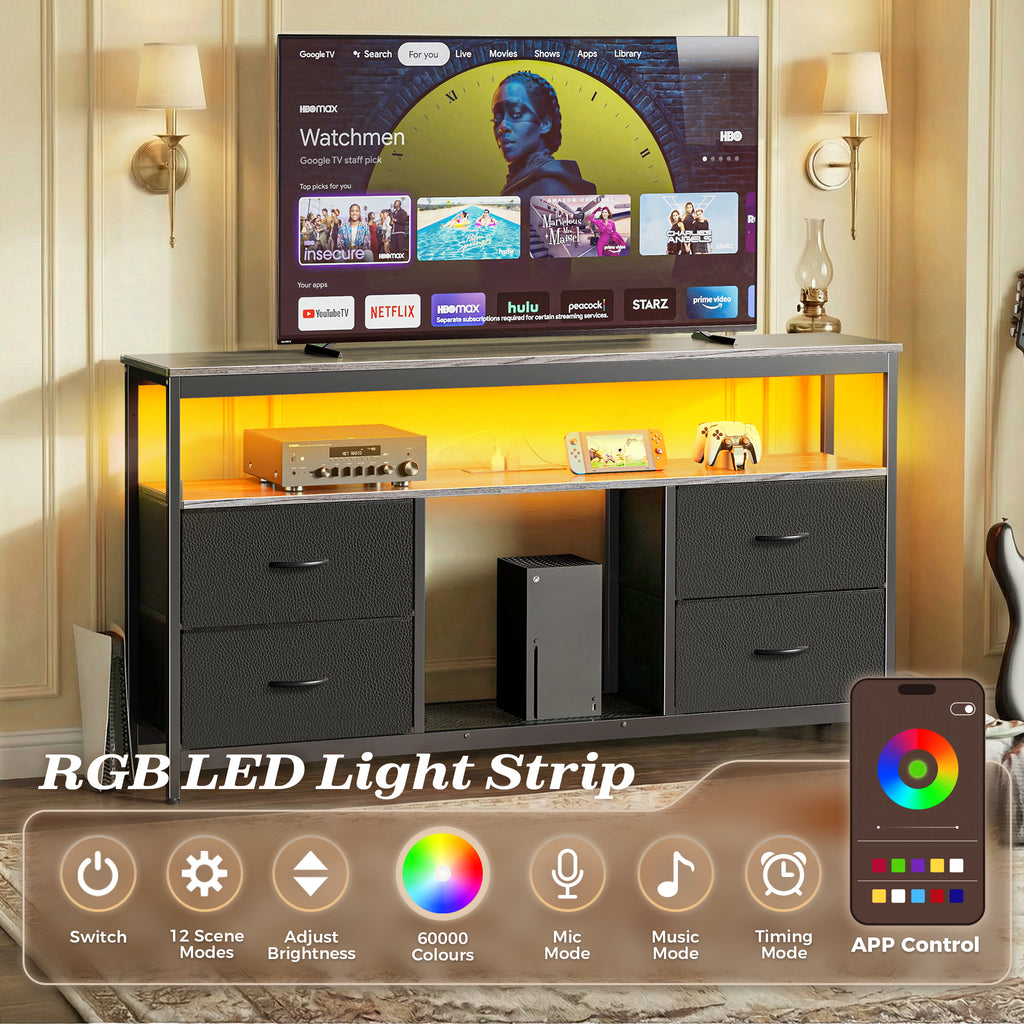 Amadwell TV Stand with Power Outlets & LED Lights, 4 Drawer Dresser Entertainment Center, Media Console with Open Shelf, Gray