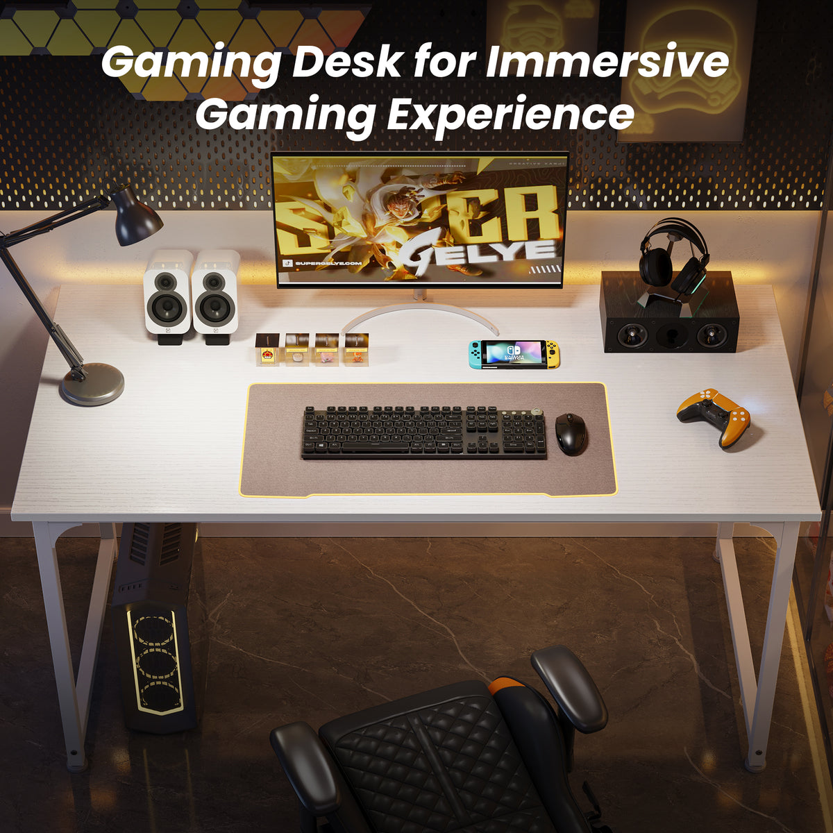 54" Computer Desk, Modern Office, Study & Gaming Desk with Storage, Large Legroom, Sturdy Metal Frame, White