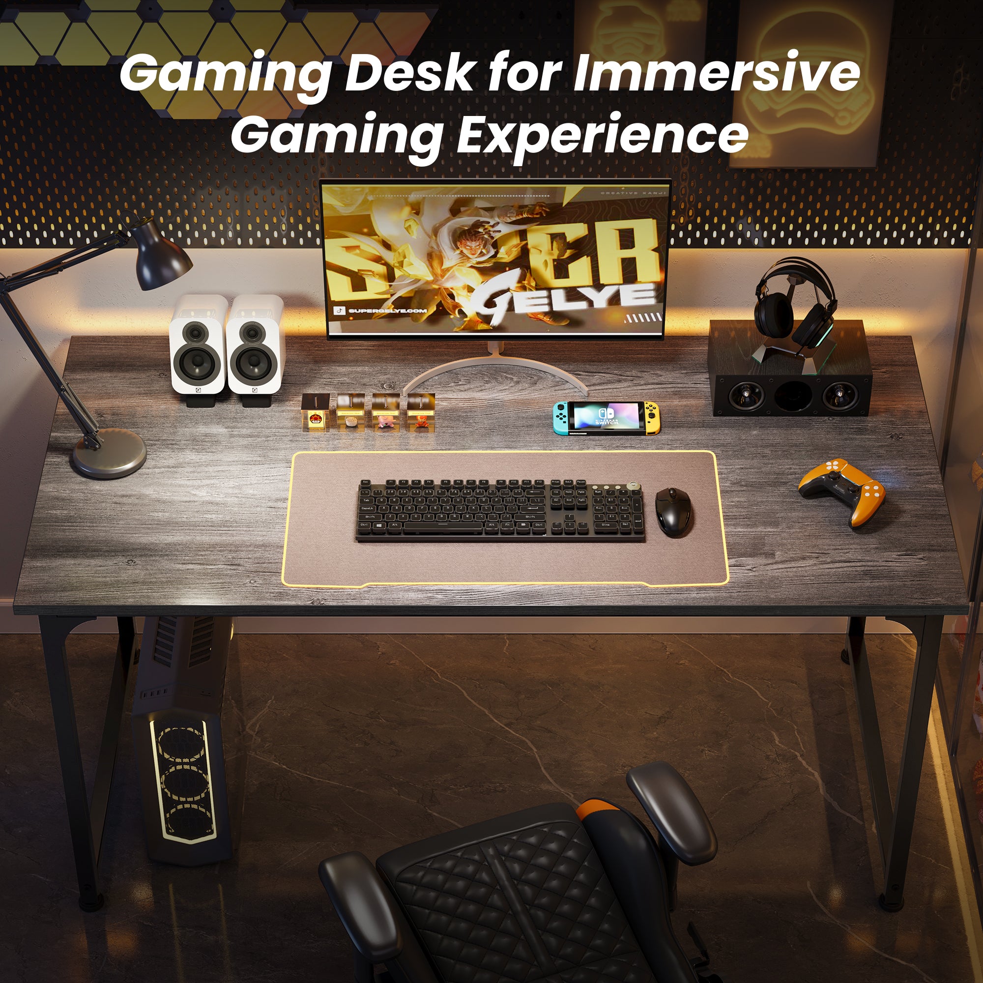 54" Computer Desk, Modern Office, Study & Gaming Desk with Storage, Large Legroom, Sturdy Metal Frame, Grey