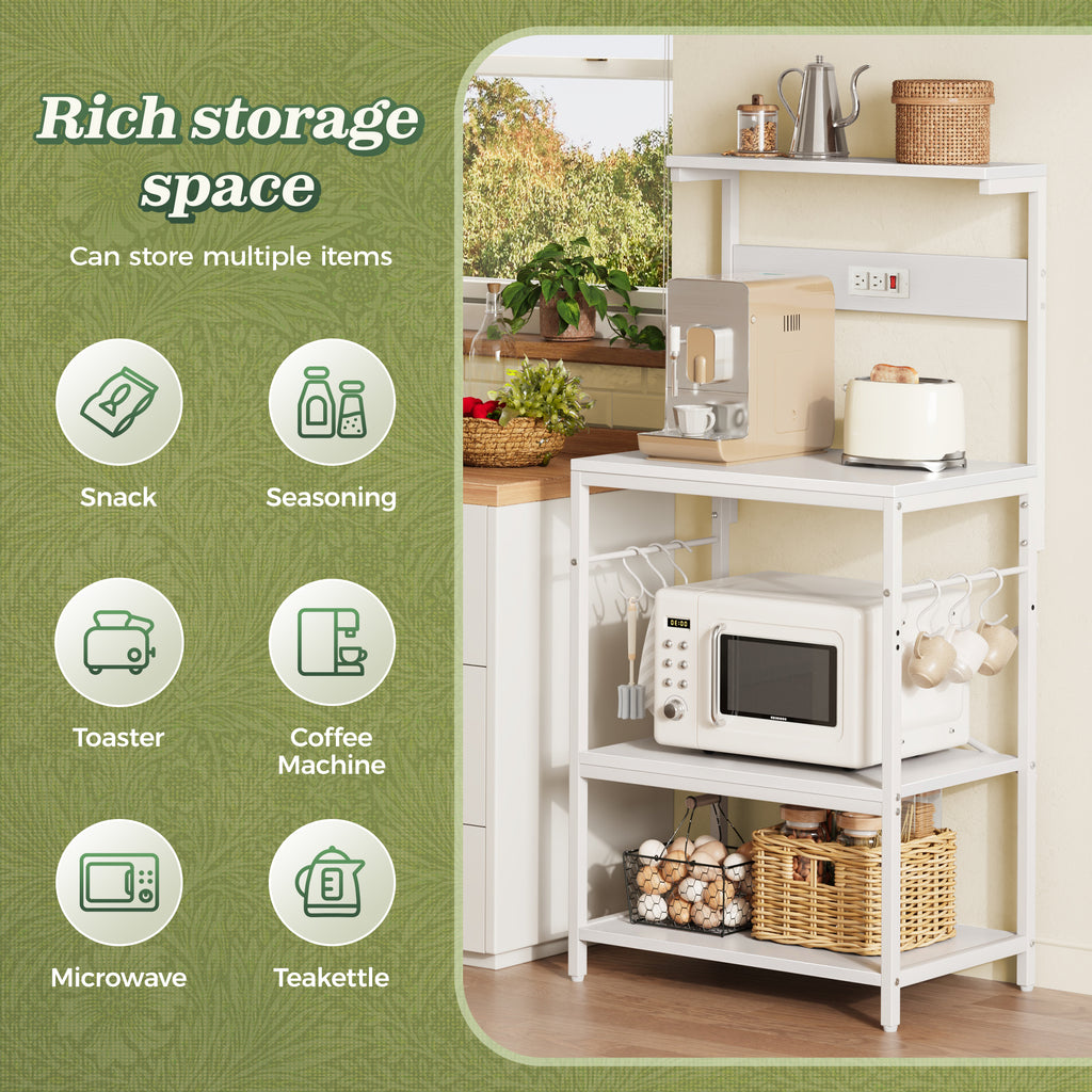 Amadwell 4-Tier Kitchen Storage Shelf Organizer Bakers Rack with Power Outlets, Coffee Bar & Microwave Stand, White