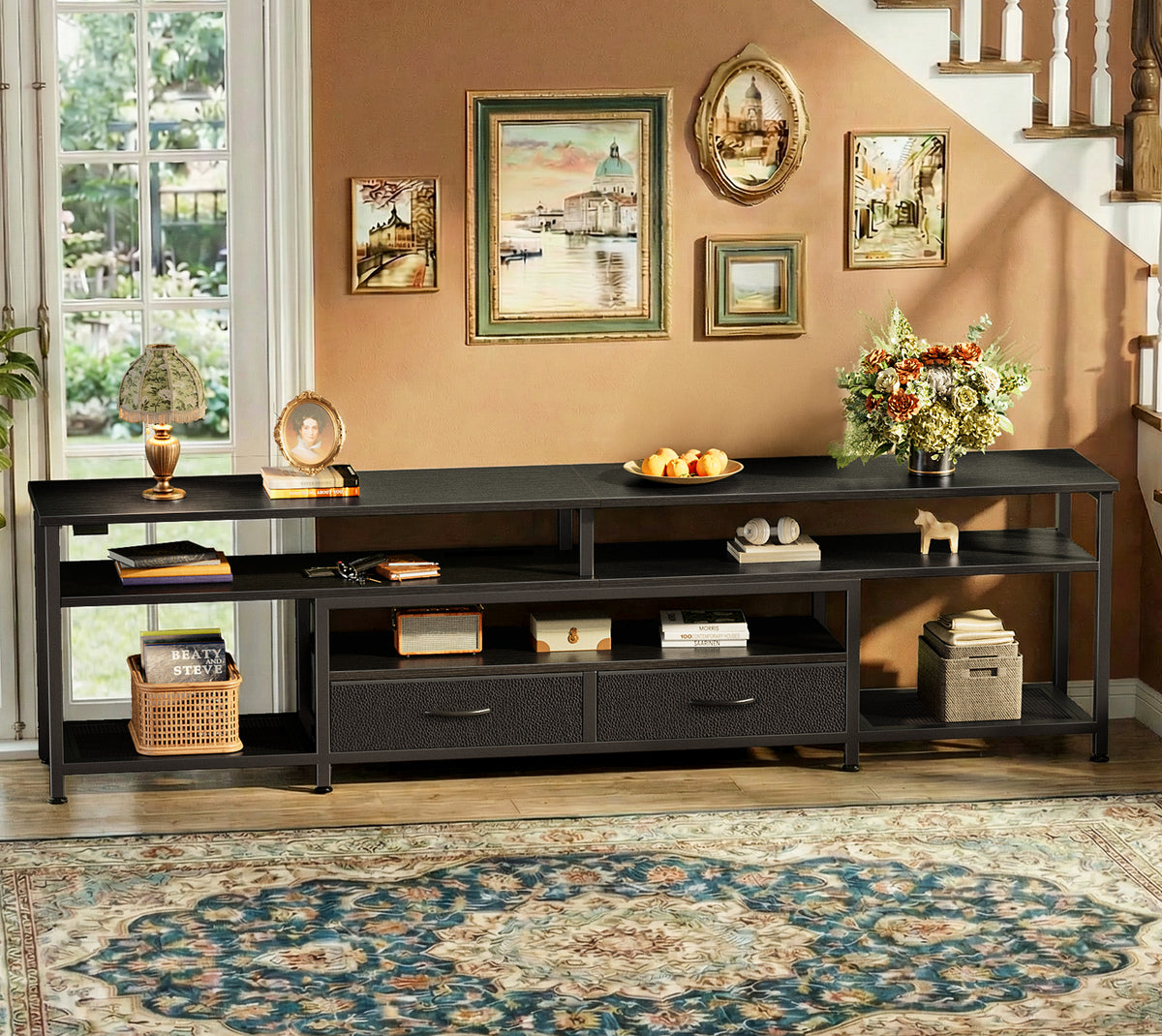 Amadwell 63" LED TV Stand for 75-80 Inch TVs, Entertainment Center with Power Outlets & Drawers, Rustic Brown