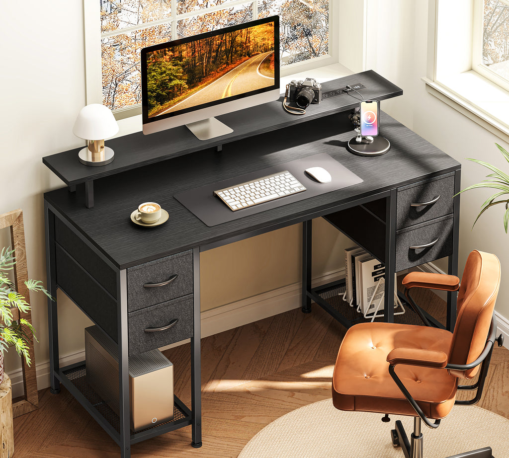 Amadwell 47" Gaming Computer Desk with LED Lights, Power Outlets, Home Office Writing Desk with 4 Drawers, Black