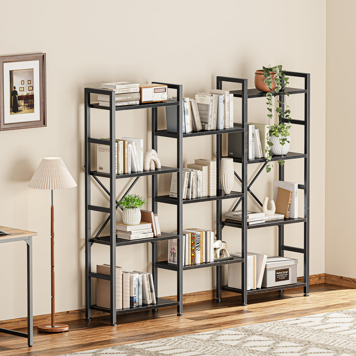 Amadwell 4 Tier Industrial Bookcase, Large Shelf Bookshelf, 11 Units Storage for Living Room, Black