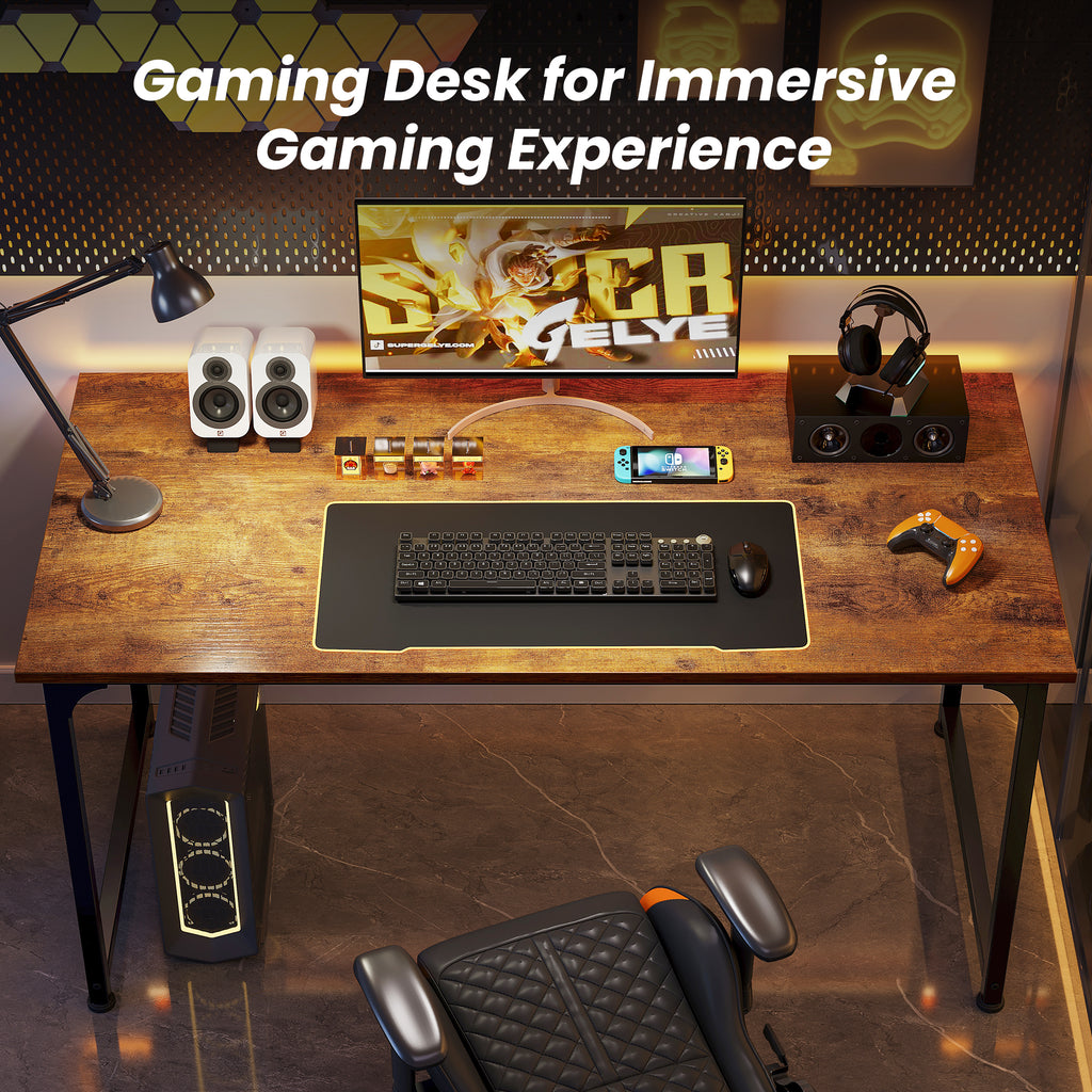 54" Computer Desk, Modern Office, Study & Gaming Desk with Storage, Large Legroom, Sturdy Metal Frame, Rustic Brown