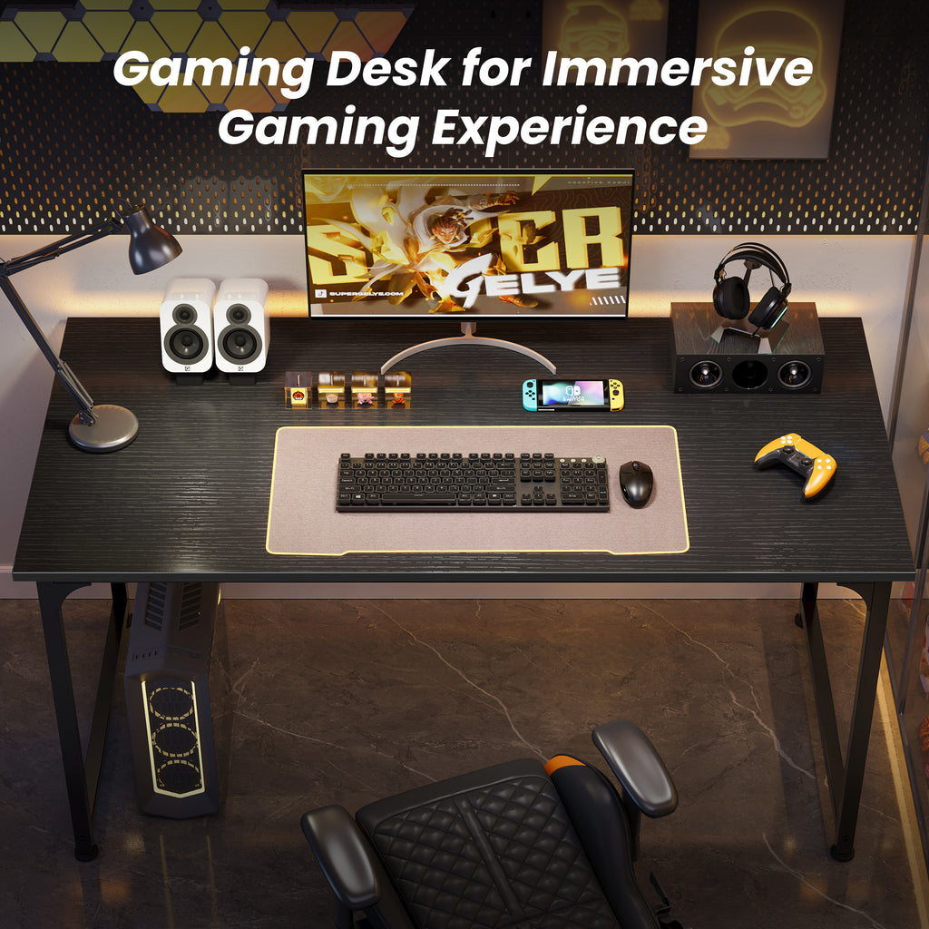 54" Computer Desk, Modern Office, Study & Gaming Desk with Storage, Large Legroom, Sturdy Metal Frame, Black