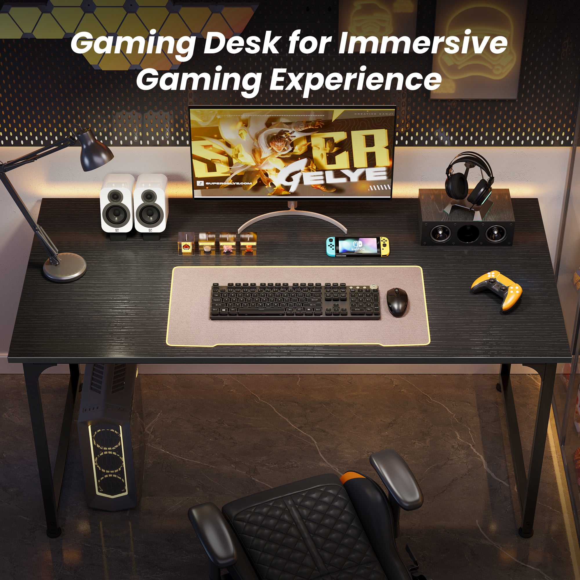 54" Computer Desk, Modern Office, Study & Gaming Desk with Storage, Large Legroom, Sturdy Metal Frame, Black
