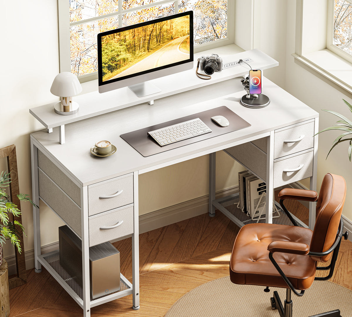 Amadwell 47" Gaming Computer Desk with LED Lights, Power Outlets, Home Office Writing Desk with 4 Drawers, White