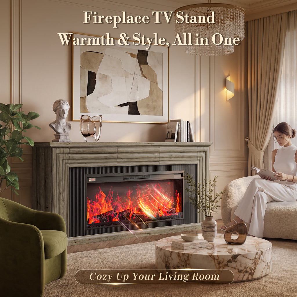 Amadwell 70'' Fireplace TV Stand for 65 75'' TV, Farmhouse TV Stand with 42'' Electric Fireplace, Entertainment Center TV Console for Living Room, 3 Storage Drawers & Fluted Design, Natural