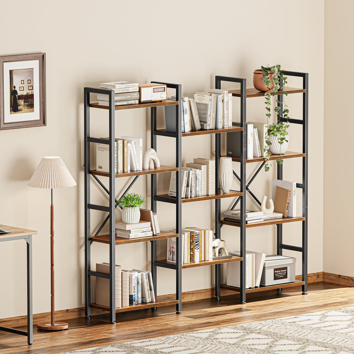 Amadwell 4 Tier Industrial Bookcase, Large Shelf Bookshelf, 11 Units Storage for Living Room, Brown