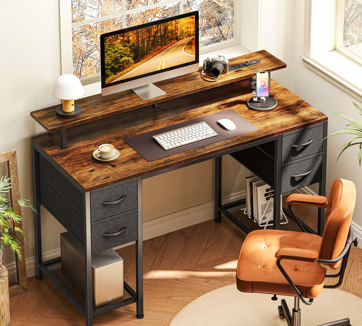 Amadwell 47" Gaming Computer Desk with LED Lights, Power Outlets, Home Office Writing Desk with 4 Drawers, Rustic Brown